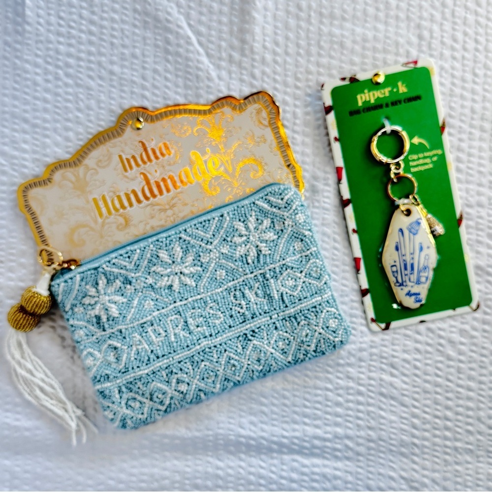 Snowflake Ski Beaded Zipper Pouch + Piper K Bag Charm Set | Apres Ski | Blue